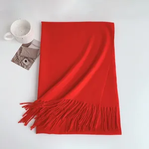 Vibrant red imitation cashmere tassel scarf detail, featuring soft texture and fringe.