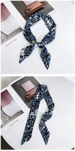 Blue leopard print silk twilly scarf for handbag handle decoration and stylish hair ribbon.
