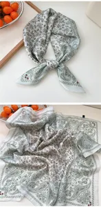 Small square silk scarf with vintage paisley print, elegant neckerchief for women daily wear.