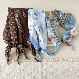 Cotton linen small square scarf retro paisley plaid neckerchief for women spring autumn detail