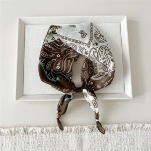 Brown white paisley square scarf women cotton linen neckerchief with wooden beads decor.