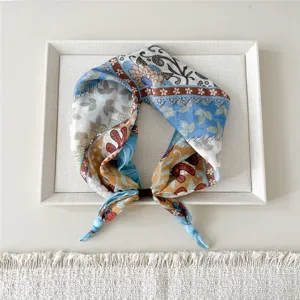 Boho floral cotton linen small square scarf neckerchief for women spring and autumn