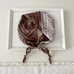 Vintage brown paisley cotton linen square scarf with bead details for women autumn neckerchief