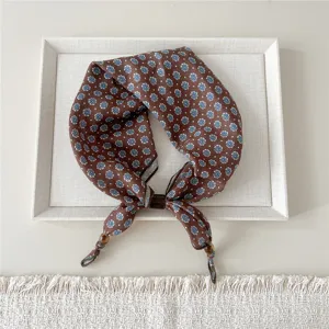 Brown floral small square scarf detail, retro blue print neckerchief, elegant women accessory.