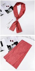 Red polka dot long skinny silk scarf for women, elegant necktie and bag ribbon accessory.