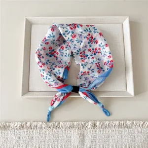 Cotton linen small square floral scarf detail view, elegant neck protection piece for women.