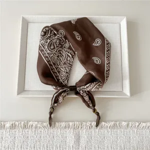 Brown paisley linen triangle scarf, women's cute lazy neckerchief for spring and autumn daily wear.