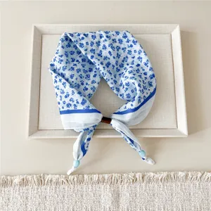 Blue and white floral cotton linen small square scarf neckerchief for women spring autumn wear.