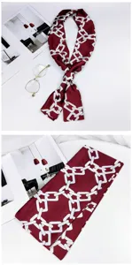 Elegant burgundy and white chain print long narrow silk scarf, perfect for bags and neck.