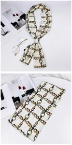 Silk narrow scarf with elegant chain link print, perfect for neckerchief or bag ribbon.