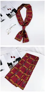 Long skinny silk scarf with elegant chain pattern, perfect as neckerchief or bag ribbon accessory.