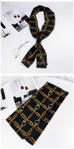Women's black and gold chain print skinny silk scarf, elegant long ribbon for hair or bag.