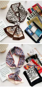 Detailed view of stylish women narrow silk scarf, elegant leopard and geometric print twilly tie.