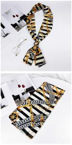 Elegant black white gold chain skinny silk scarf, chic neckerchief twilly for women daily wear.