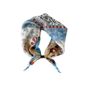 Cotton linen small square scarf retro bohemian floral print neckerchief for women spring