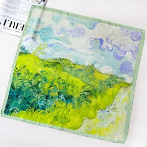 Detail shot of a 55cm silk square scarf featuring a classic Van Gogh oil painting art print.