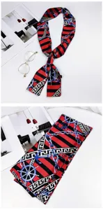 Chic red and black striped narrow silk scarf featuring stylish chain and Greek key prints.