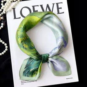 Luxury silk square scarf with vintage oil painting floral design, elegant women neckerchief for daily wear.