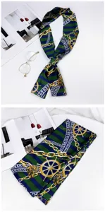 Green blue long skinny scarf with gold chain and ship wheel print for women fashion styling.