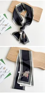 Pañuelo de seda largo skinny negro con estampado de silla de montar cinta de mujer