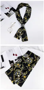 Black and gold chain print long twilly scarf, elegant handle ribbon for bags and hair.