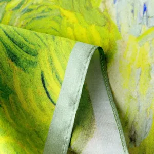 Detail view of a pure mulberry silk small square scarf with fine rolled hem and oil painting print.