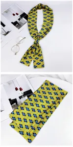 Detailed view of yellow skinny silk scarf with blue diamond pattern, elegant twilly ribbon.