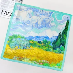 Artistic oil painting style pure silk square scarf with Van Gogh wheat field print for women.