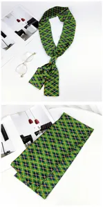 Green diamond print silk twilly narrow scarf, stylish neckwear and chic bag ribbon.