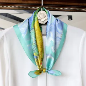 Exquisite mulberry silk square scarf featuring an artistic oil painting print design.