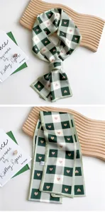 Elegante pañuelo de seda estrecho a cuadros verde y blanco para mujer, cinta de pelo.