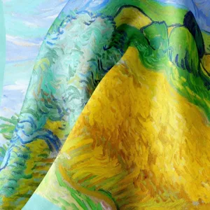 Silk square scarf featuring a classic oil painting landscape print, soft and versatile accessory.