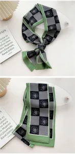 Chic green houndstooth narrow silk scarf with elegant rose print for women fashion styling.