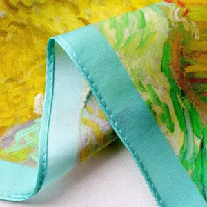 Silk scarf detail close-up showing fine stitching and classic oil painting texture.
