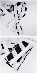 Chic black and white geometric long narrow scarf for women, elegant neck and bag ribbon.