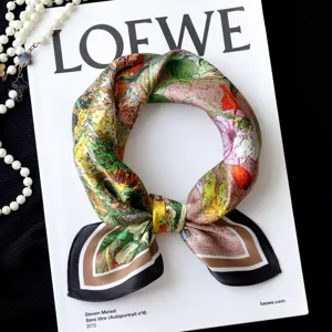 Detailed view of the artistic oil painting silk small square scarf with elegant floral print.