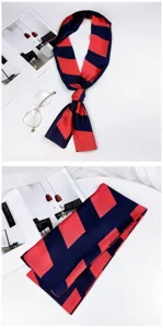 Elegant long silk scarf with geometric block pattern, perfect neck scarf or bag accessory.