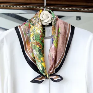 Oil painting style pure silk small square scarf, luxury silk neckerchief for women.