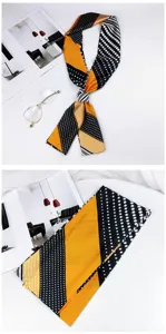 Detailed view of stylish black and yellow polka dot skinny silk scarf, elegant twilly strap.