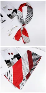 Elegant long skinny silk scarf with red, white and black polka dot and stripe design for women.
