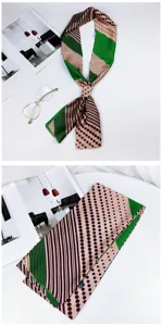 Elegant long silk scarf featuring chic polka dots and stripes, perfect for bags or neckwear.