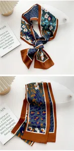Elegant skinny silk scarf with brown border and chic monogram floral print for women fashion.