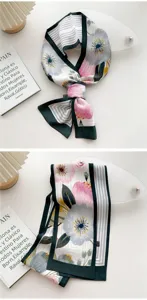Floral print twilly silk scarf for women, elegant narrow long neckerchief spring accessory.