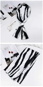 Black and white zebra print skinny twilly silk scarf for women handbag ribbon neck.