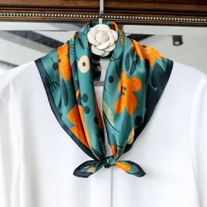 Pure silk small square scarf with artistic oil painting floral print, elegant green neck scarf.