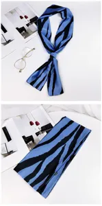 Blue black zebra print skinny silk scarf for women stylish bag ribbon hair accessory.