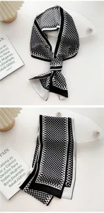 Classic black and white polka dot skinny silk scarf for women fashion neck tie elegant.