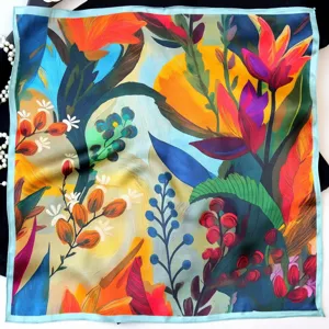 Detailed view of the artistic oil painting style floral pure mulberry silk small square scarf.