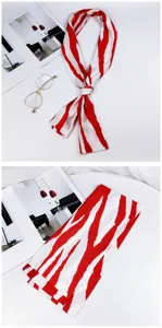Chic red and white striped skinny scarf for women, elegant long ribbon for bags and neck.