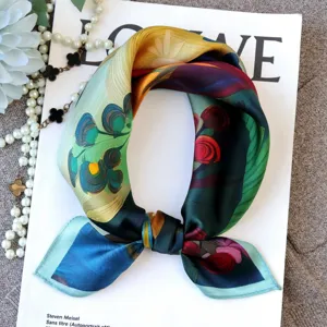 Silk square scarf featuring oil painting floral print, luxurious silk fabric for elegant styling.
